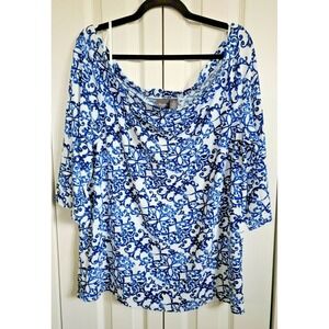 Chico's Travelers 3 Tunic Shirt Blue White 3/4 Sleeve‎ Off Shoulder Stretch NEW